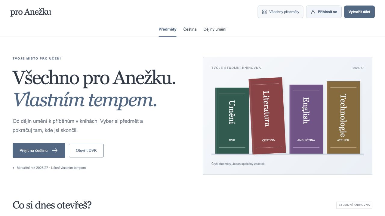 Náhled úvodní stránky studijní platformy Pro Anežku